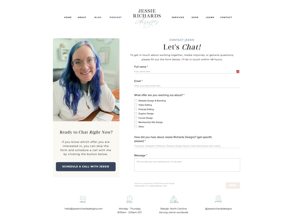 Contact Page - Jessie Richards Designs